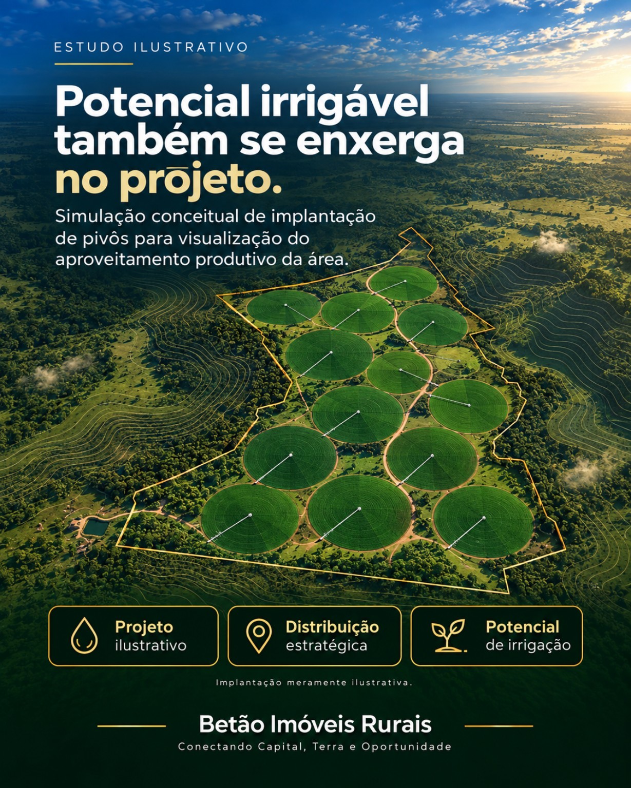 Simulação ilustrativa de pivôs, não instalados